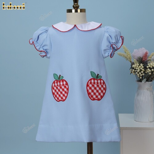Girl Dress In Blue With Apple Embroidered - BB3422